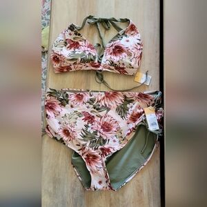 Kona Sol Pink Floral Halter Bikini Set with Olive Accents